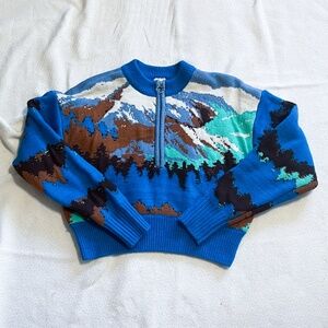 UO BDG Sweater Women's Medium Blue Brown Jesse Half Zip Crop Ski Knit Mountain